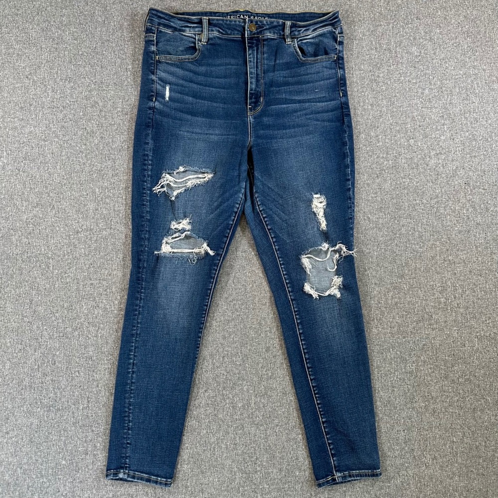 American Eagle Super Stretch Skinny Jeans Womens 16 Distressed Blue High Waisted